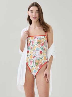 Joe Fresh White Tropical Print One-Piece Swimsuit with Red Trim NWT